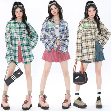 YEP复古格子衬衫女春秋2023新款设计感衬衣潮牌宽松oversize上衣商品大图