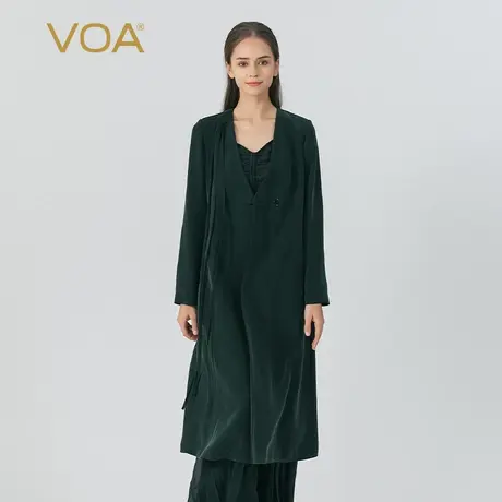 VOA祖母绿45姆米重磅厚桑蚕丝编织流苏点缀一粒扣长袖真丝风衣秋商品大图