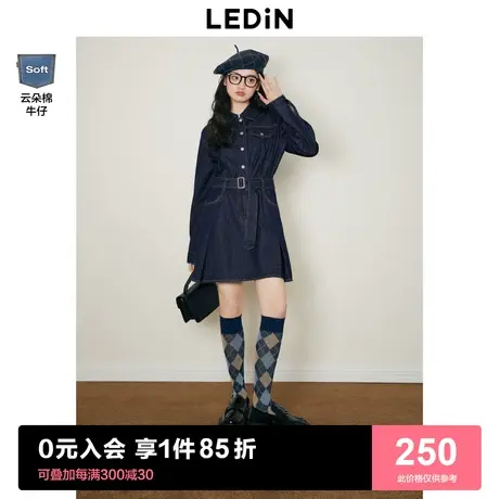 乐町复古牛仔连衣裙2023年春季女装甜美气质深蓝收腰通勤风裙子商品大图