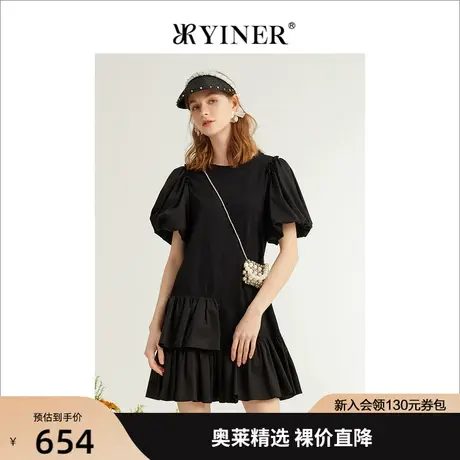 YINER音儿专柜女装2022夏季新款灯笼袖不规则百褶连衣裙图片