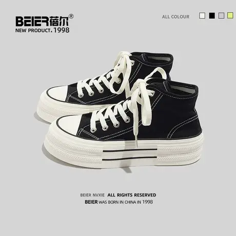 蓓尔鞋子女夏季高帮帆布鞋女2023新款爆款春秋网红超火小白鞋厚底商品大图