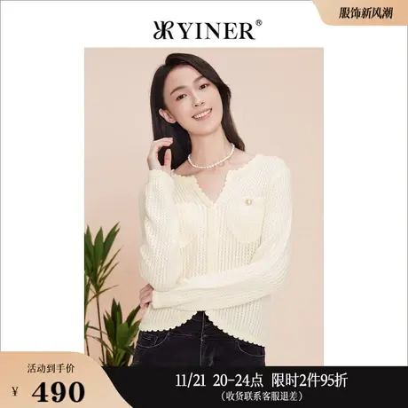 YINER音儿线上专选女装2023春季通勤波浪半开领针织衫套头上衣商品大图