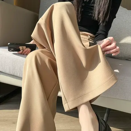 卡其色休闲阔腿裤女2024年春季新款小个子高腰垂感拖地直筒西装裤商品大图