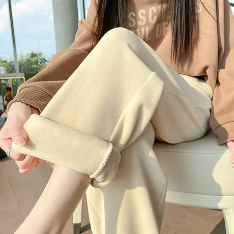 杏色加绒运动裤女冬季新款卫裤小个子宽松摇粒绒束脚直筒休闲裤子图片