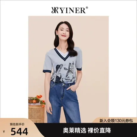 【赫本猫联名】YINER音儿女装2023夏季新款短袖针织衫图片