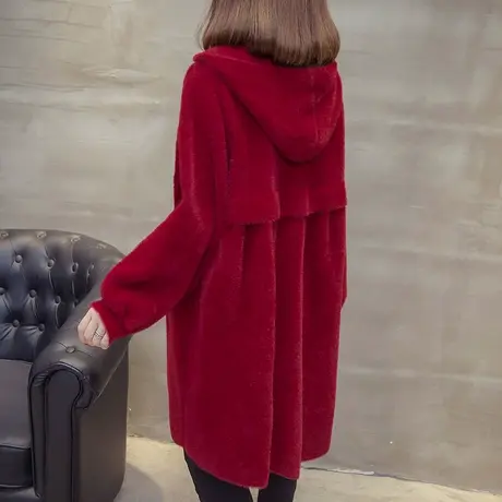仿水貂绒外套中长款连帽大衣女秋冬新款韩版加厚毛衣开衫宽松图片