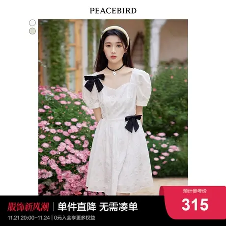 太平鸟白色法式复古连衣裙女2022春季新款露腰蝴蝶结设计感连衣裙图片