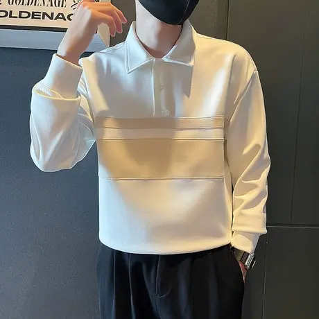 重磅潮牌男装拼色POLO衫男长袖春秋季ins韩版小众卫衣翻领t恤上衣图片