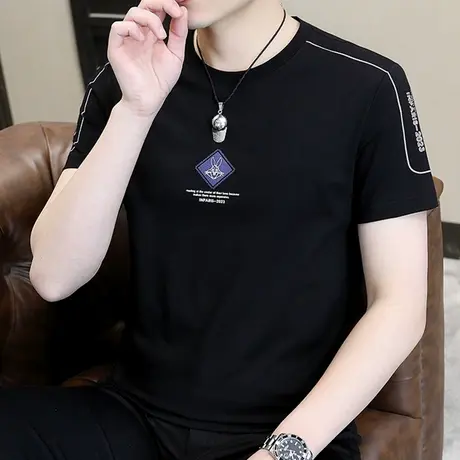 时尚印花男士棉麻短袖t恤潮流半袖2023年夏季新款圆领套头体恤衫商品大图