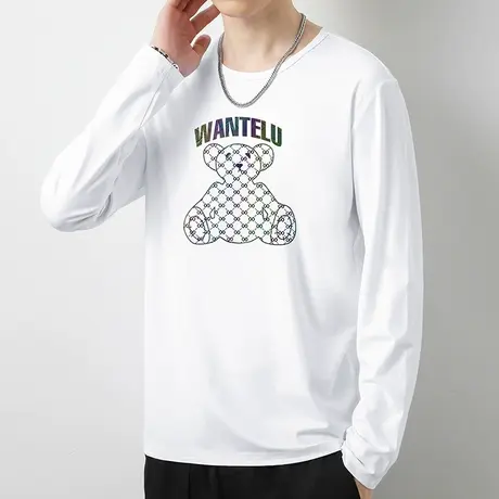 莫代尔白色t恤男长袖修身圆领上衣服秋季内搭打底衫潮流小熊体恤商品大图