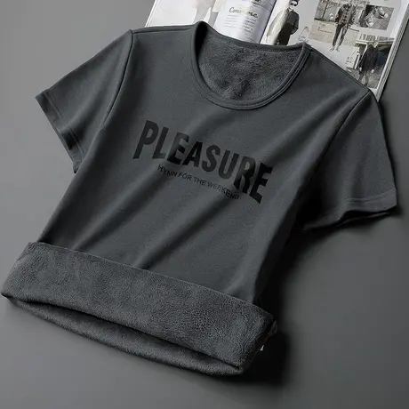 短袖t恤男生秋冬保暖加绒加厚圆领上衣服半袖潮牌印花打底衫体恤图片