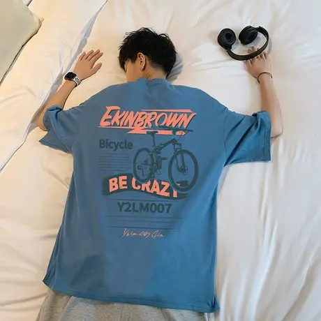 创意字母印花夏季男士短袖T恤棉质上衣港风圆领休闲五分半袖汗衫商品大图