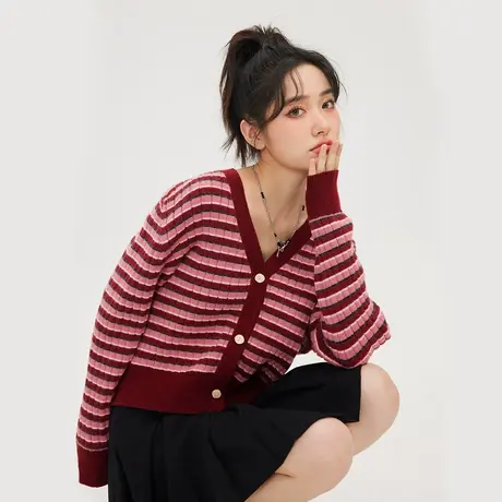 【7折清仓】红色上衣新款毛衣外套女条纹v领针织衫开衫2022新款商品大图