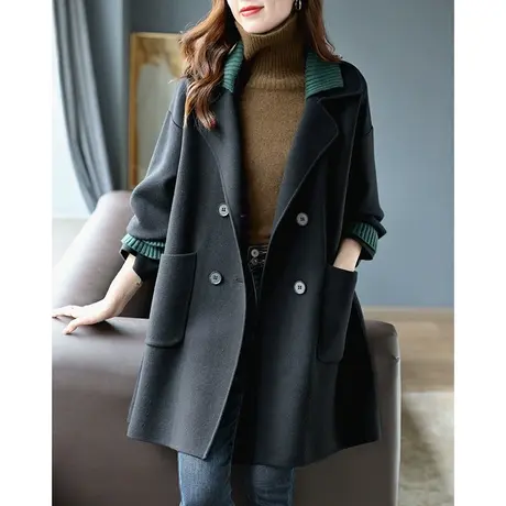 宝诗黎中长款针织拼接毛呢外套高级感秋装新款时尚韩版双排扣大衣商品大图