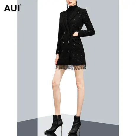 黑色小香风双排扣西装毛呢外套女冬2022新款拼接流苏加厚呢子大衣图片