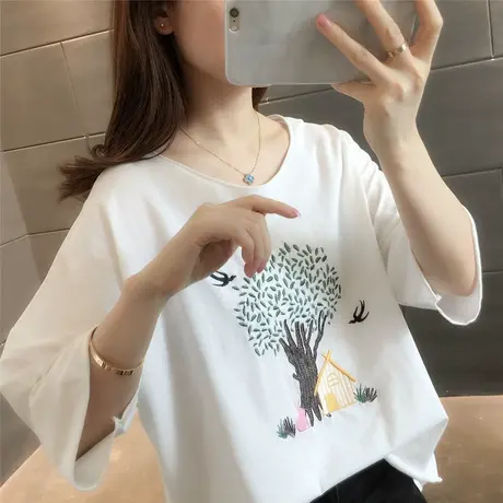 宽松白色t恤女2023夏季新款显瘦短袖印花韩版简约上衣打底体恤衫商品大图