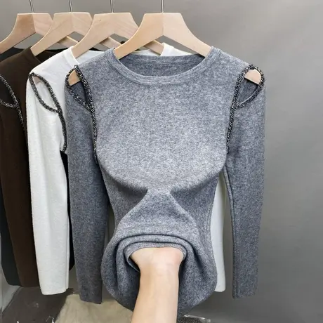 圆领毛衣女打底衫2023秋冬新款套头镂空外穿针织衫洋气内搭上衣潮商品大图