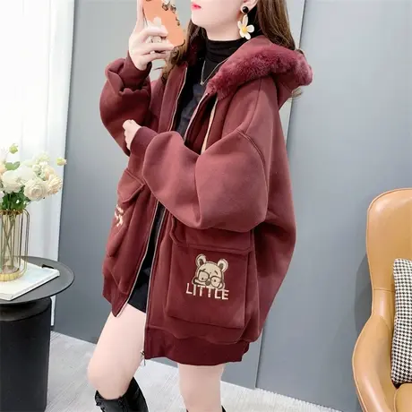 设计感加绒加厚毛毛领卫衣外套女秋冬新款宽松慵懒风洋气百搭上衣图片