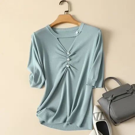 冰丝针织衫短袖t恤女2024春夏新款圆领中袖显瘦薄款打底衫女上衣图片