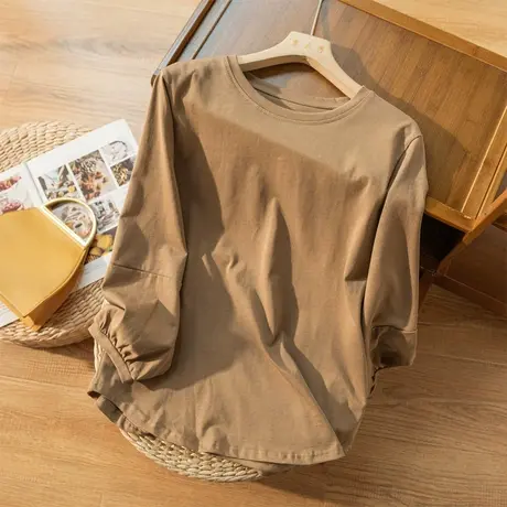 全棉T恤女春秋打底衫文艺复古休闲宽松上衣显瘦百搭2024秋季新款商品大图