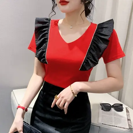 欧货设计感荷叶边T恤女短袖性感V领气质小衫洋气网红别致上衣夏装商品大图
