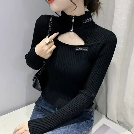 欧货性感镂空针织衫女内搭洋气高腰短款毛衣紧身半高领打底衫长袖商品大图