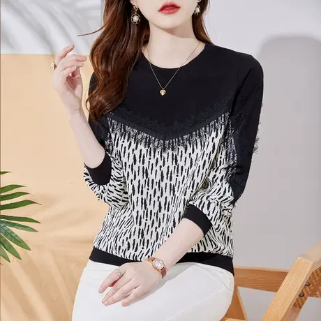 2023秋装新款时尚蕾丝接拼长袖t恤打底衫女小众设计感别致气质女商品大图