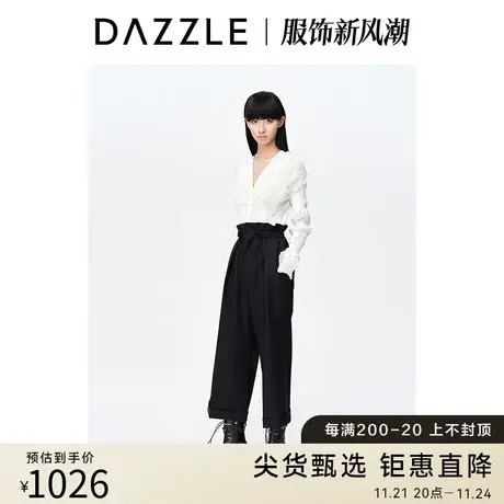 DAZZLE地素奥莱23春装新款黑色通勤条纹精纺直筒阔腿裤休闲八分裤图片