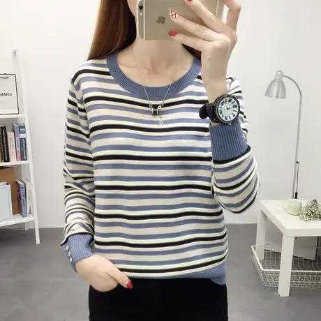 圆领针织衫女套头宽松秋装2022春新款韩版条纹长袖短款毛衣打底衫商品大图