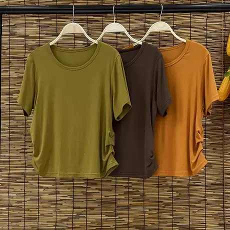 2023夏季短袖T恤不规则褶皱上衣韩版宽松休闲显瘦纯色T恤打底衫女商品大图