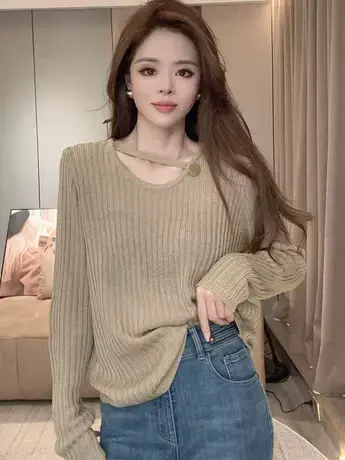 2023新款欧货设计感长袖针织衫女早秋上衣女宽松洋气休闲百搭潮图片