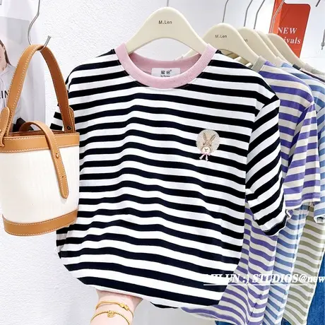 ins日系兔子短袖小个子上衣女春夏新款韩系设计感别致撞色条纹T恤图片