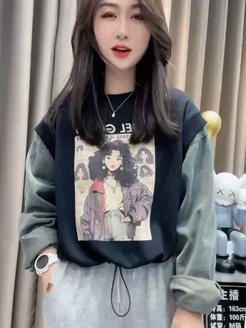 欧洲牛仔拼接短款卫衣显瘦2023秋季新款上衣韩版韩系时尚气质商品大图