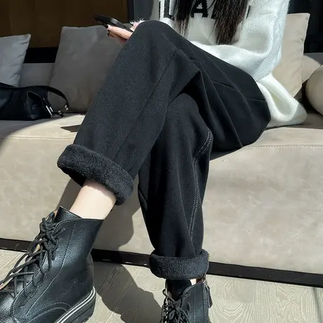 黑色老爹牛仔裤女2024年秋冬新款高腰直筒宽松加绒加厚哈伦萝卜裤商品大图