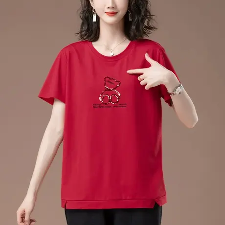 中年妈妈短袖T恤夏季新款加肥加大码女装宽松亮片刺绣遮肚棉体恤商品大图