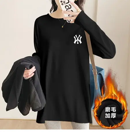 黑色打底衫女中长款磨毛加厚大码显瘦上衣2022秋冬内搭减龄长袖女商品大图