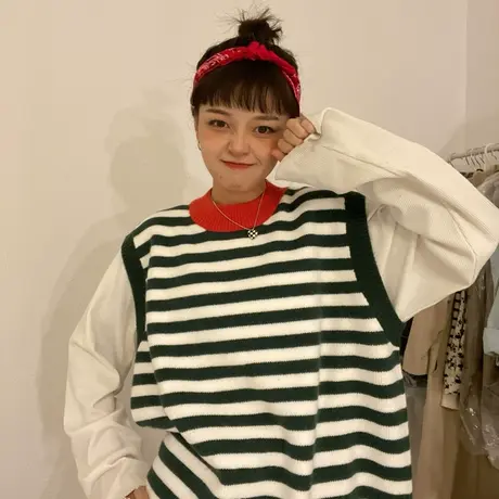 红续条纹撞色毛衣背心外搭针织马甲女2023春秋新款宽松慵懒风复古图片