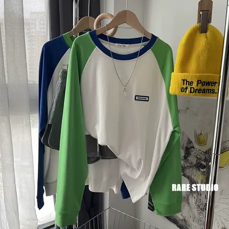 秋季新款撞色拼接插肩袖宽松休闲显瘦洋气百搭圆领T恤打底罩衫女商品大图