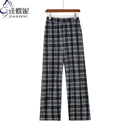 夏季新款韩版薄款格子松紧腰直筒宽松休闲裤女下装长裤图片