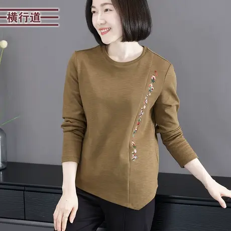 纯色简约休闲圆领绣花宽松长袖T恤女装外穿套头上衣2025春季新款商品大图