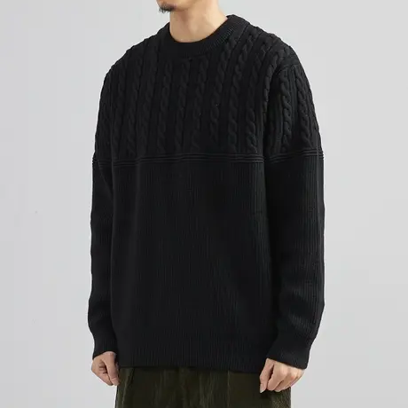 奕飏男装2022秋季圆领男士毛衣宽松落肩针织衫套头休闲提花外套潮商品大图