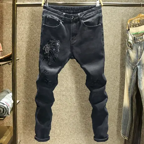 黑色潮流修身牛仔裤男高端时尚镶钻欧洲站小脚裤秋季百搭休闲长裤商品大图
