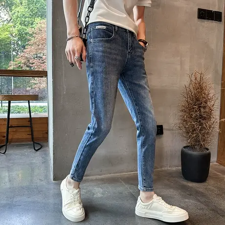 2024春夏简约刺绣蓝色牛仔裤男潮修身小脚铅笔裤薄款弹力九分裤子图片