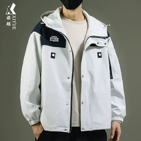 秋冬防风夹克外套男士撞色拼接连帽冲锋衣宽松大码潮流痞帅登山服商品大图