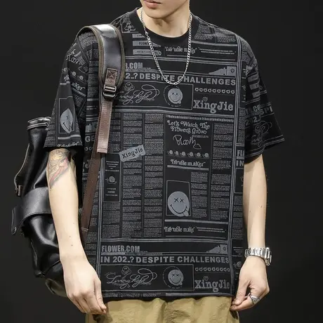 冰感轻薄冰丝短袖t恤男士宽松大码潮牌夏季2024新款男款男装体恤商品大图