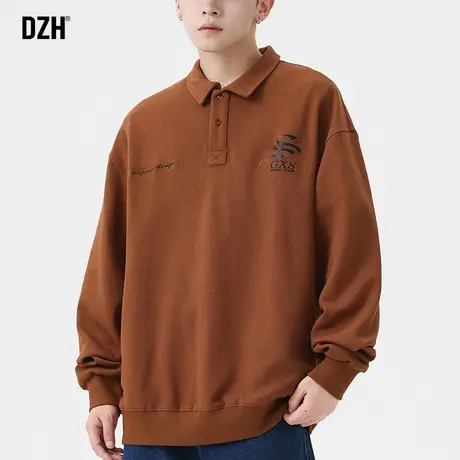 男士翻领刺绣卫衣男春秋季宽松2023年新款美式polo衫长袖纯棉上衣商品大图