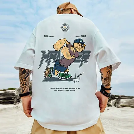 卡通潮牌宽松T恤胖子短袖男加肥加大五分袖纯棉国潮大码男装夏季图片