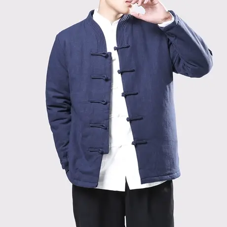 冬季中国风唐装男青年盘扣棉衣棉麻禅修居士服棉袄加厚保暖男装商品大图