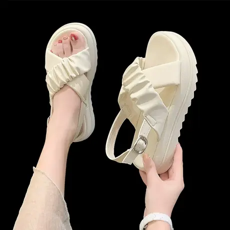 凉鞋女夏季2023年新款韩版网红超火厚底软底踩屎感百搭露趾米白色商品大图