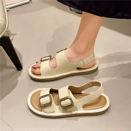 凉鞋女2023年夏季新款时尚百搭皮带扣小众平底学生休闲沙滩罗马鞋商品大图